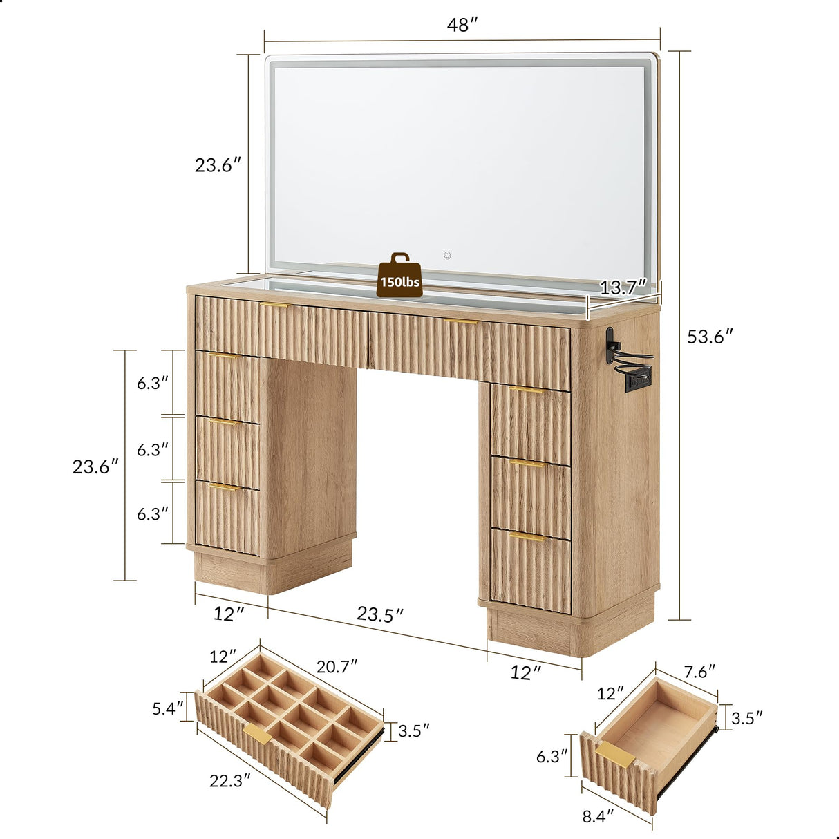 T4TREAM 48" Fluted Makeup Vanity Desk with Large Led Lighted Mirror, Modern Vanity Table with 8 Drawers & Charging Station, Glass Top Dressing Table for Bedroom, Natural Oak T4TREAM