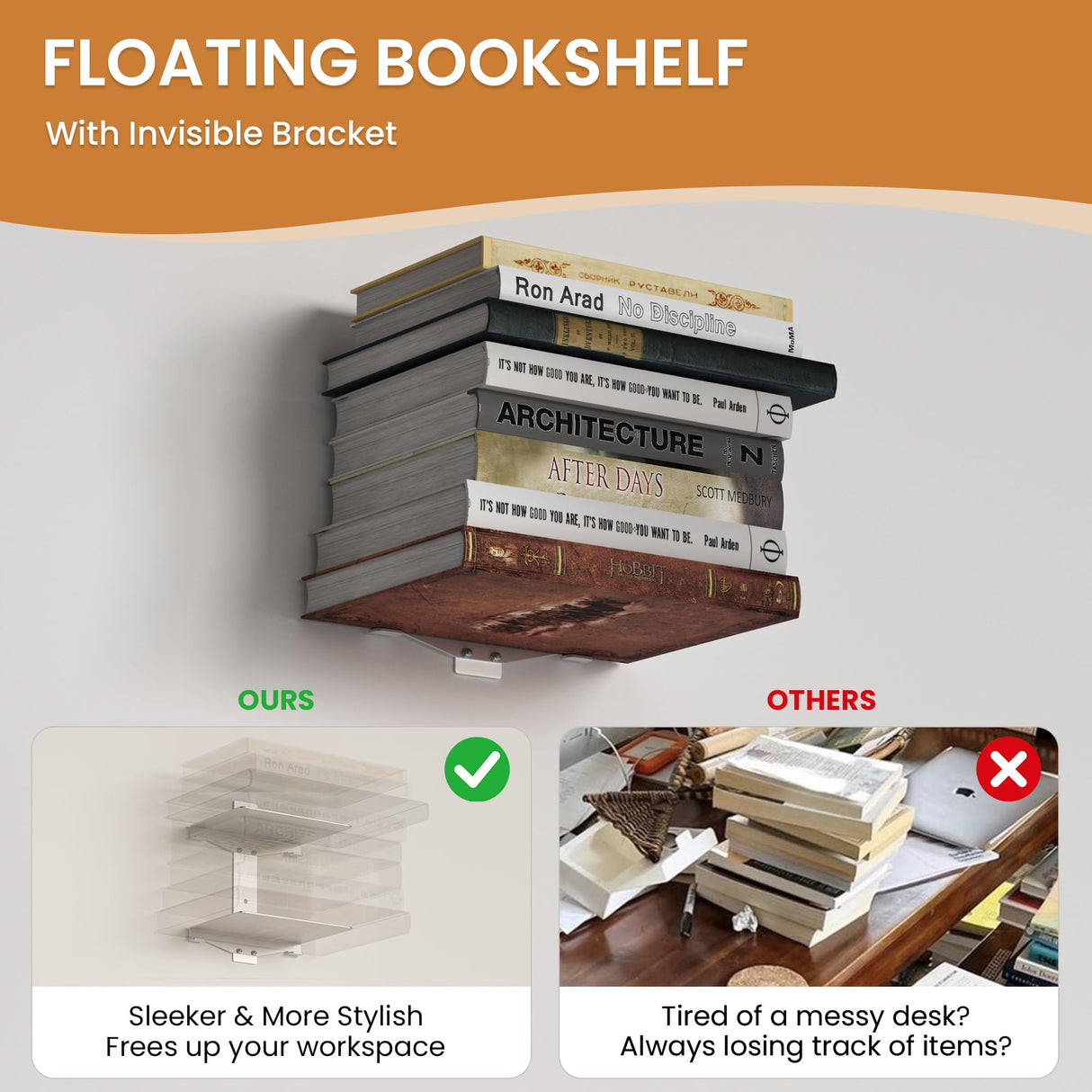 Fun Memories Invisible Floating Bookshelves for Wall, 8 Tier Vertical Spine Book Tower, Heavy Duty Floating Book Shelves Metal Book Organizers for Home Office, 4 Pack, White Fun Memories