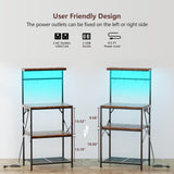 Kitchen Bakers Rack with Power Outlet & LED Lights, Small Coffee Bar Table with Adjustable Storage Shelf, 4 Tiers Microwave Stand with 8 Hooks, Coffee Station for Appliance Organizer, Rustic Brown Korfile