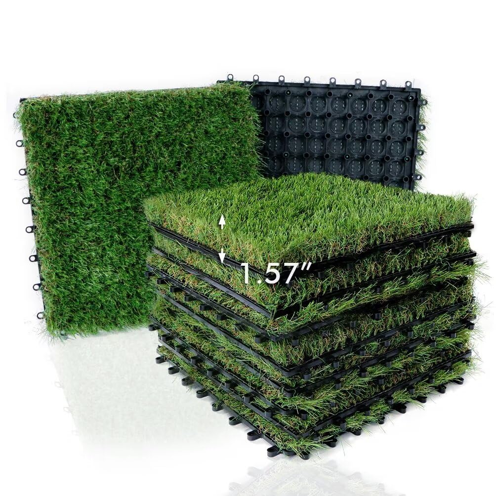 XLX TURF Artificial Grass Tiles Interlocking Turf Deck Set 9 Pack - 12"x12" Synthetic Fake Grass Self-draining Mat Flooring Decor Pad for Dog Pet Indoor Outdoor, 8 Buckle Systerm XLX TURF