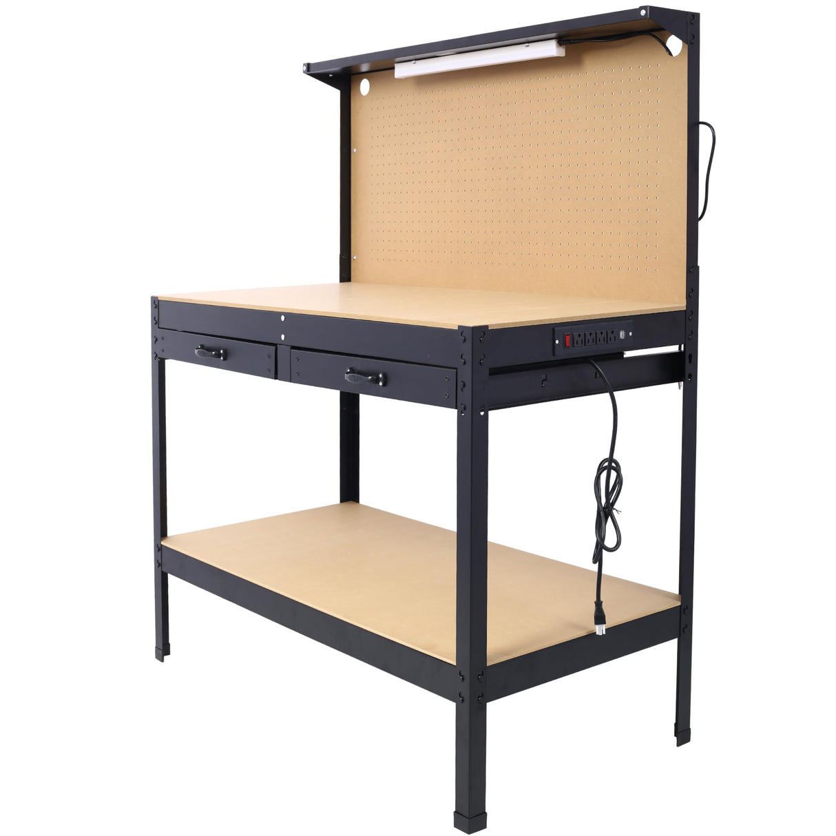 Heavy-Duty Steel Workbench with Drawer and Peg Board, Garage Work Bench with Storage, Workshop Tools Table with LED Light,4xAC outlets 2xUSB Ports HEIGHYOXP