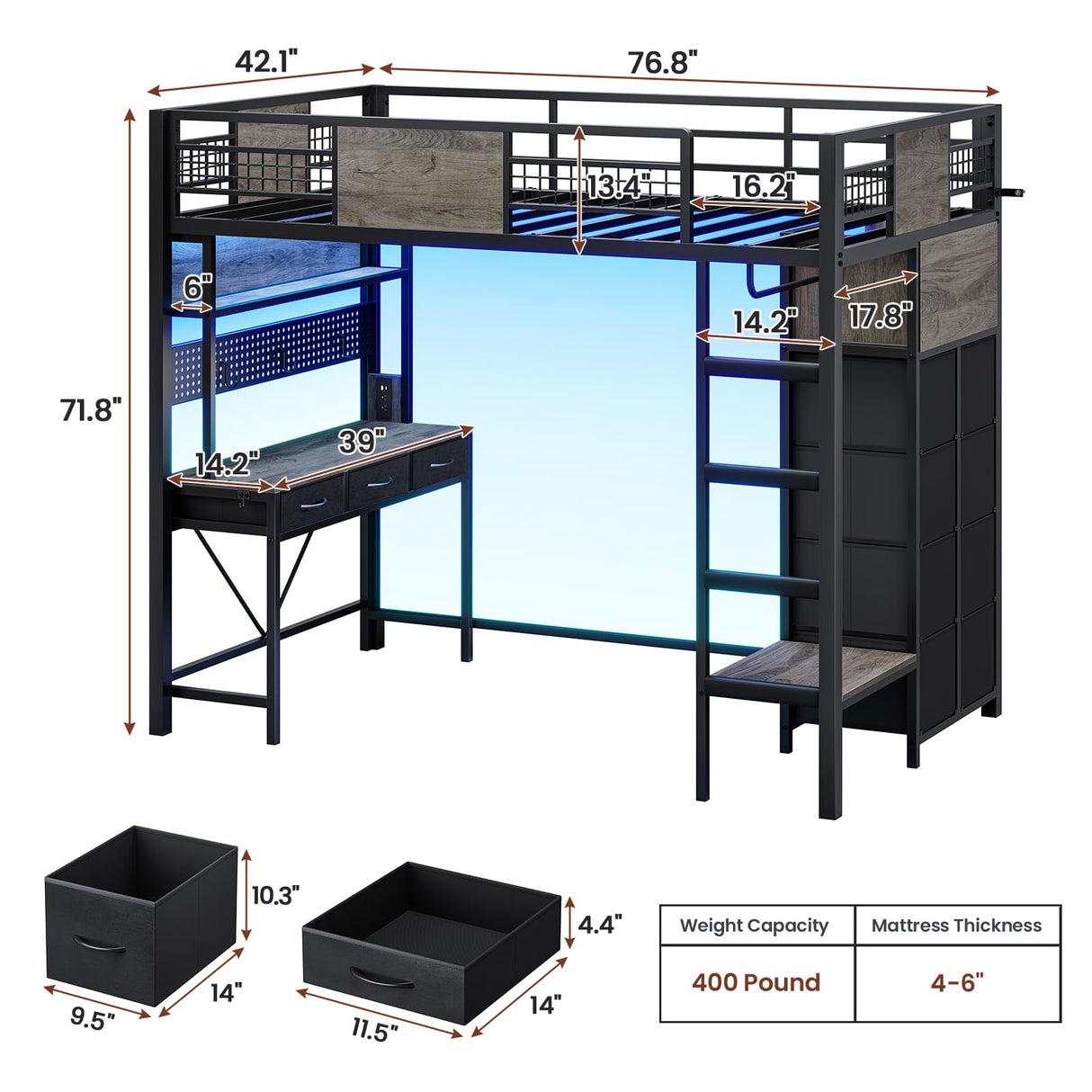 ADORNEVE Loft Bed Twin Size with Desk, 11 Storage Drawers, Metal Kids Loft with RGB Lights, Charging Station, Shelves & Clothing Rack, 13.4" H Safety Guard & Paded Ladder, Black & Grey ADORNEVE