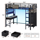 ADORNEVE Loft Bed Twin Size with Desk, 11 Storage Drawers, Metal Kids Loft with RGB Lights, Charging Station, Shelves & Clothing Rack, 13.4" H Safety Guard & Paded Ladder, Black & Grey ADORNEVE