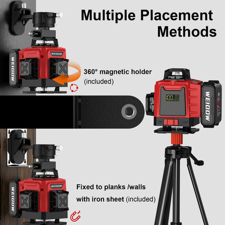 Laser Level 360 Self Leveling with Tripod,WEIDDW 4D Lazer Level,4x360° Cross Line Laser for Construction Project Renovation,Floor Tile, Laser Level Lines Tool with 2x4800mAh Batteries,Durable Case WEIDDW