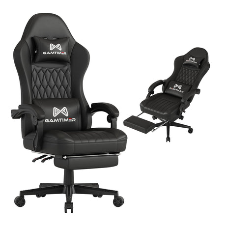 Gaming Chair with Footrest, Ergonomic Computer Chair, PU Breathable Material with Headrest and Lumbar Support, Suitable for Silla Gamer and Adults (Black) Gamtimer