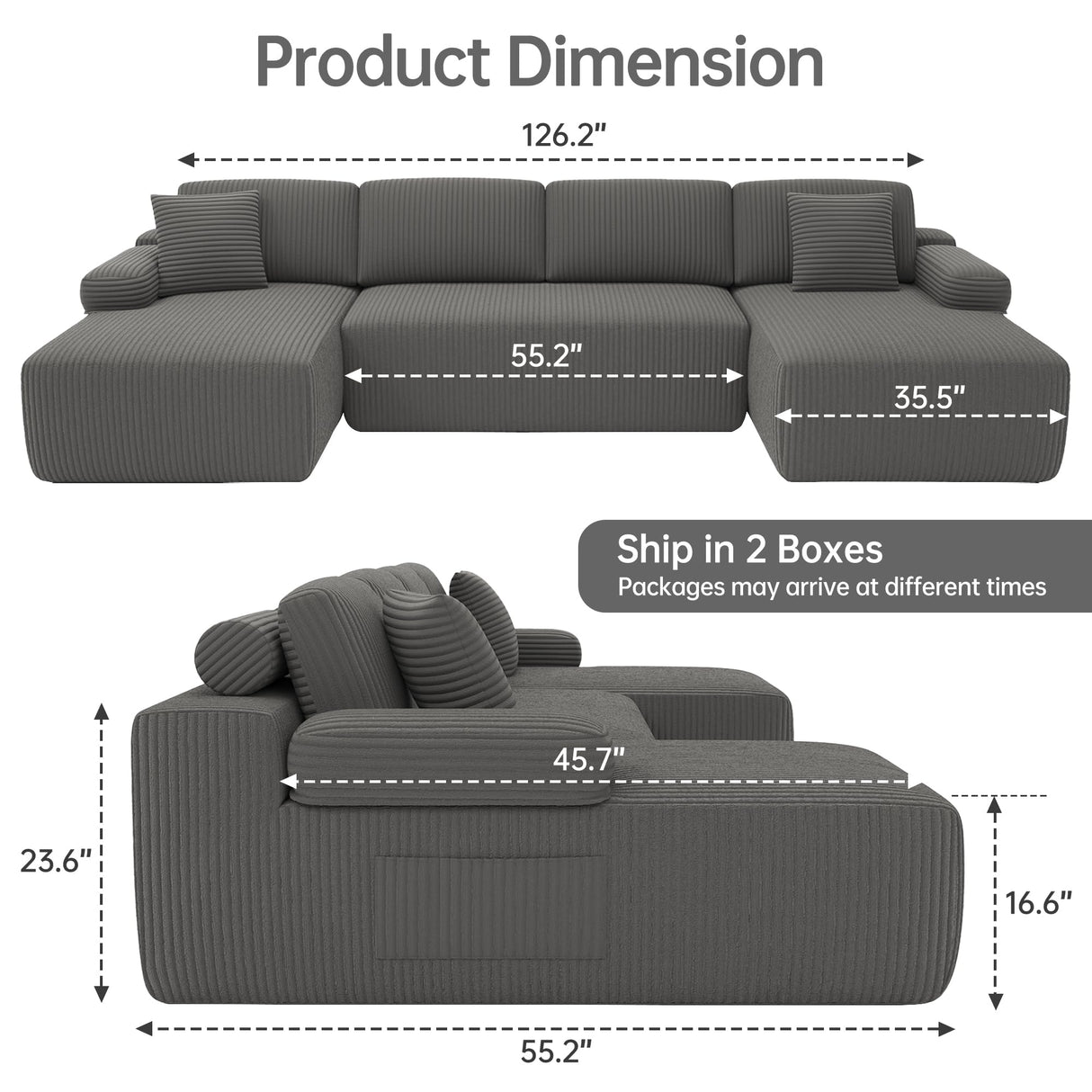 DURASPACE Cloud Sectional Couches, 126.2'' Modular U-Shaped Sofa with Deep Seat, Corduroy Boneless Sleeper Sofa Bed with Memory Foam for Living Room, No Assembly Required (Gray) DURASPACE