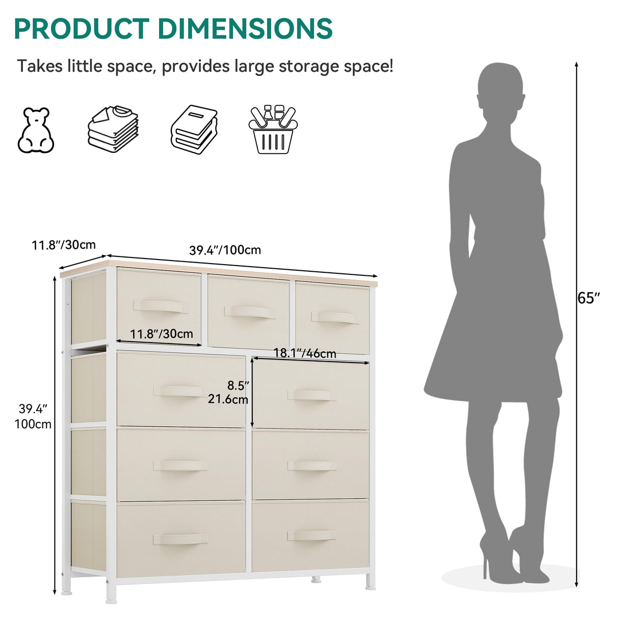 YITAHOME Dresser with 9 Drawers - Fabric Storage Tower, Tall Chest Organizer Unit for Living Room, Entryway with Sturdy Steel Frame, Wooden Top, Cream YITAHOME