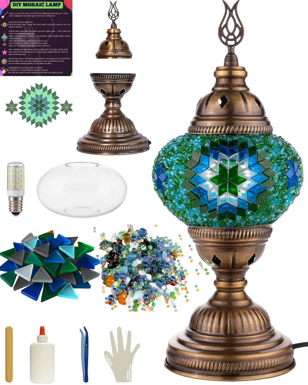 DEMMEX DIY Turkish Moroccan Mosaic Lamp Making Kit – No Grout – Fun, Easy, No Experience Required – Complete Mosaic Art & Craft Project Kit for Adults & Teens – Make Your Own Table Lamp (Turquoise) DEMMEX