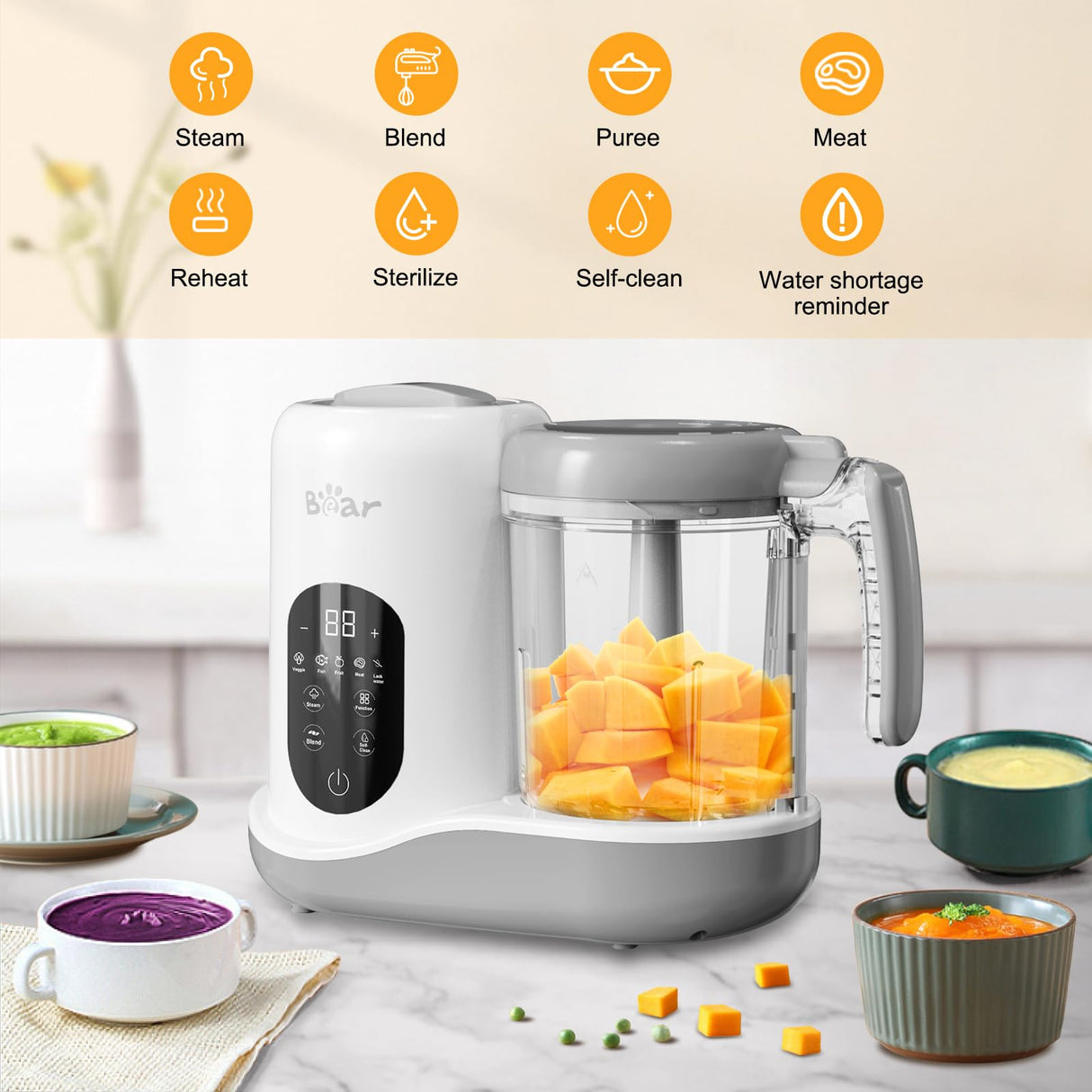 BEAR 2024 Baby Food Maker | One Step Baby Food Processor Steamer Puree Blender | Auto Cooking & Grinding | Baby Food Puree Maker with Self Cleans | Touch Screen Control, White Bar