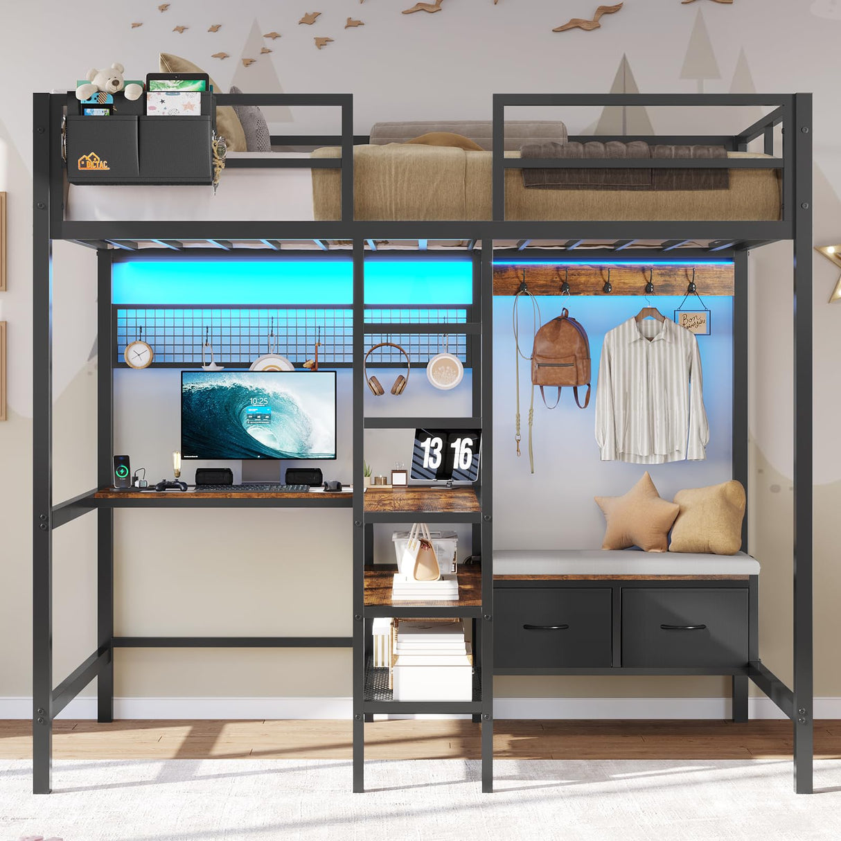 DICTAC Twin Loft Bed with L-Shaped Desk and Charging Station Twin Size Metal Bed Frame with LED Lights,Storage Shelves and Coat Rack with 2 Storage Drawers,Top Bunk with Safety Guard & Stair, Black DICTAC