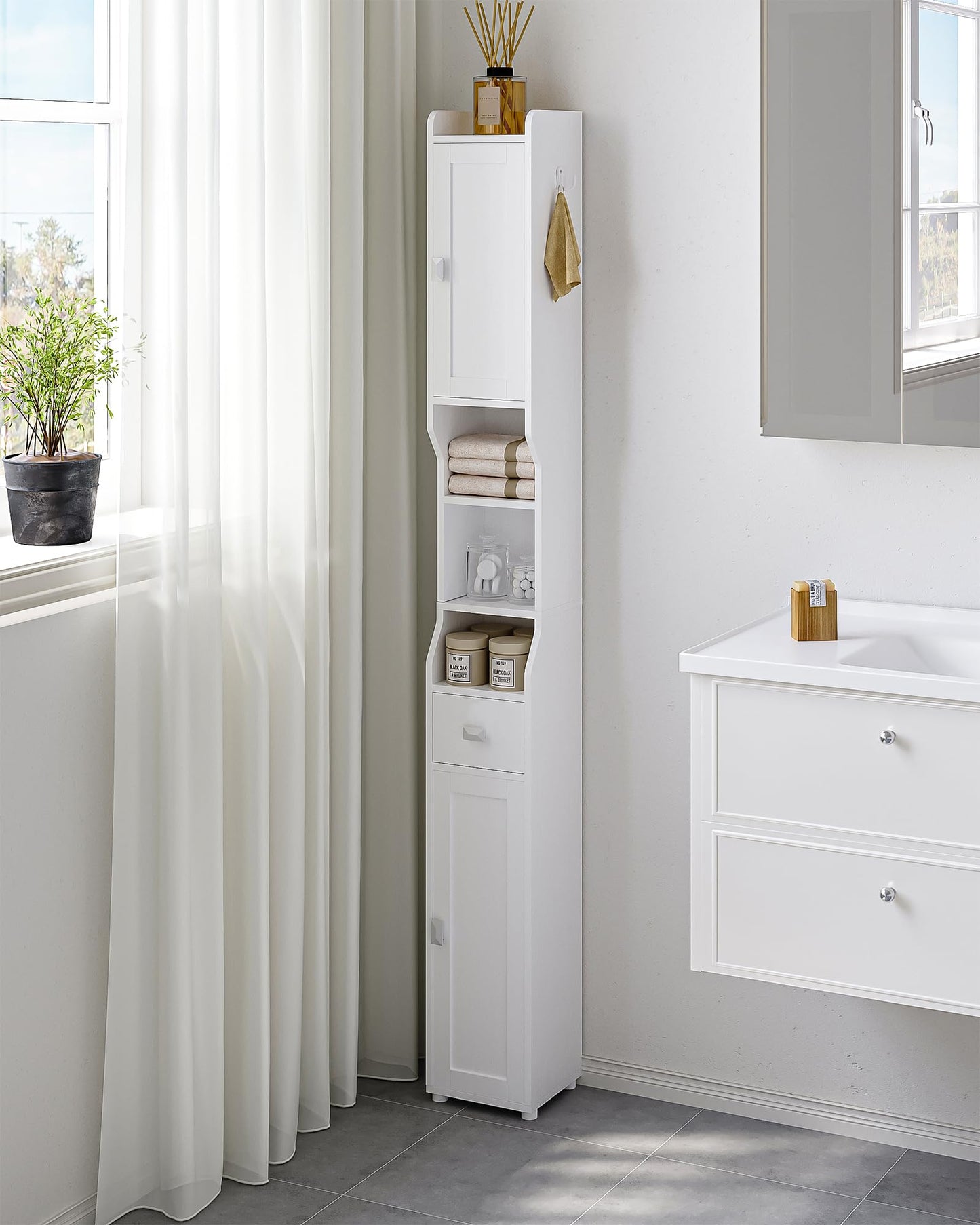 HEXCELEN Narrow White Bathroom Storage Cabinet with Doors, Drawer, and Adjustable Shelf - WoodArtSupply