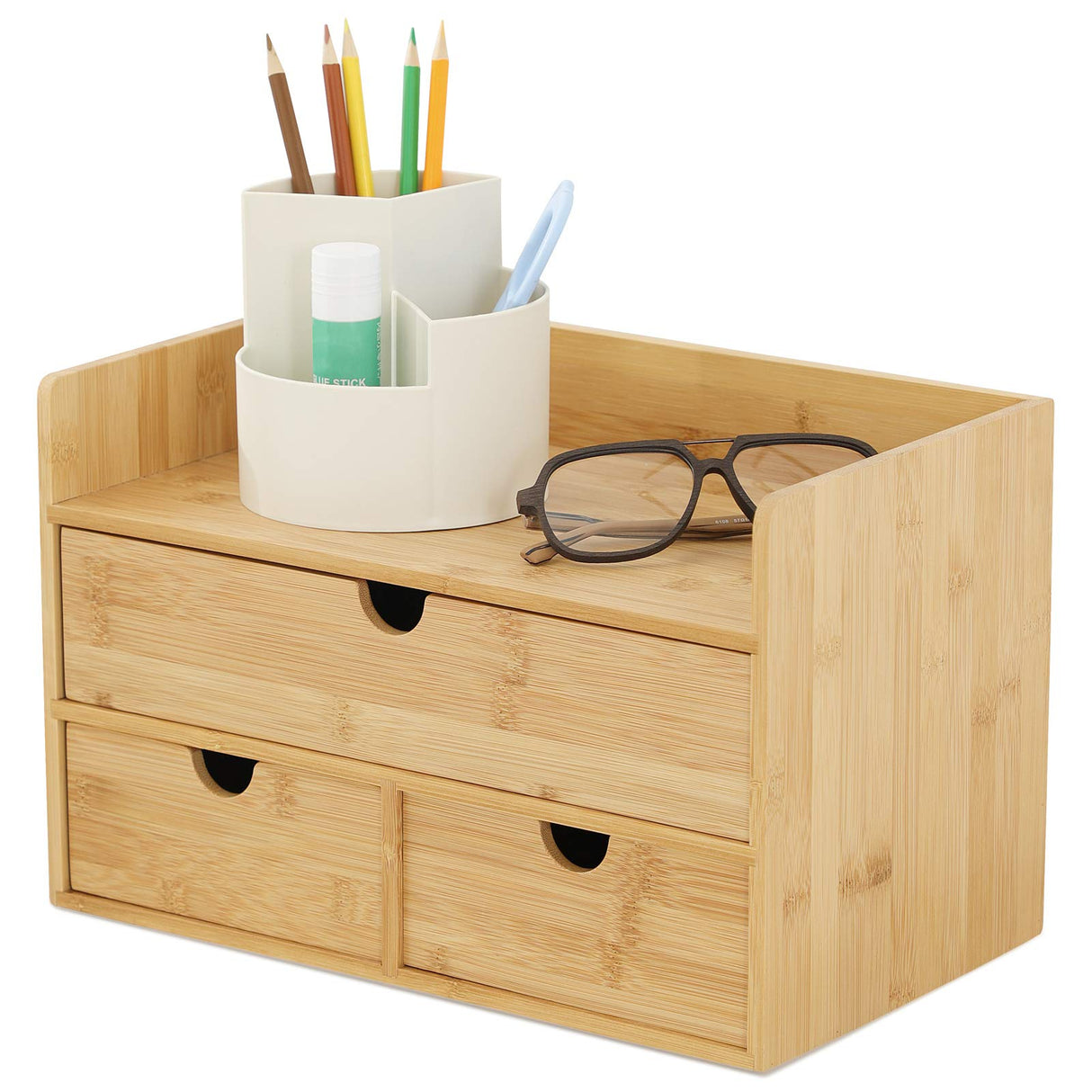 Desk Organizer with Drawers - Bamboo Desktop Organizers Storage | Wood Makeup Organizer for Bills, Office Supplies, Cosmetics, Seals, Kitchen Utensils, No Assembly Required Wisuce