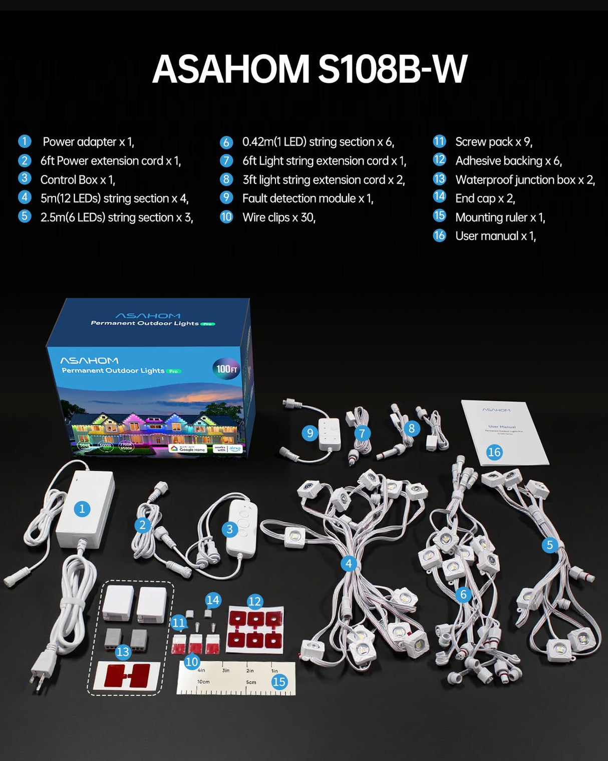 ASAHOM Permanent Outdoor Light Pro S108B, 100FT with 72 RGBCW 70lm LED, WLED Integration, AI Lighting, 30000 Lighting Effect Combination, IP67 Waterproof for Halloween Christmas and Daily Decor, White ASAHOM