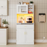 HOOBRO Pantry Cabinet, 67" Kitchen Pantry Storage Cabinet with LED Lights and Charging Station, Modern Hutch Cabinet with Microwave Stand, Cup and Goblet Holders, Shelves for Kitchen, White HOOBRO