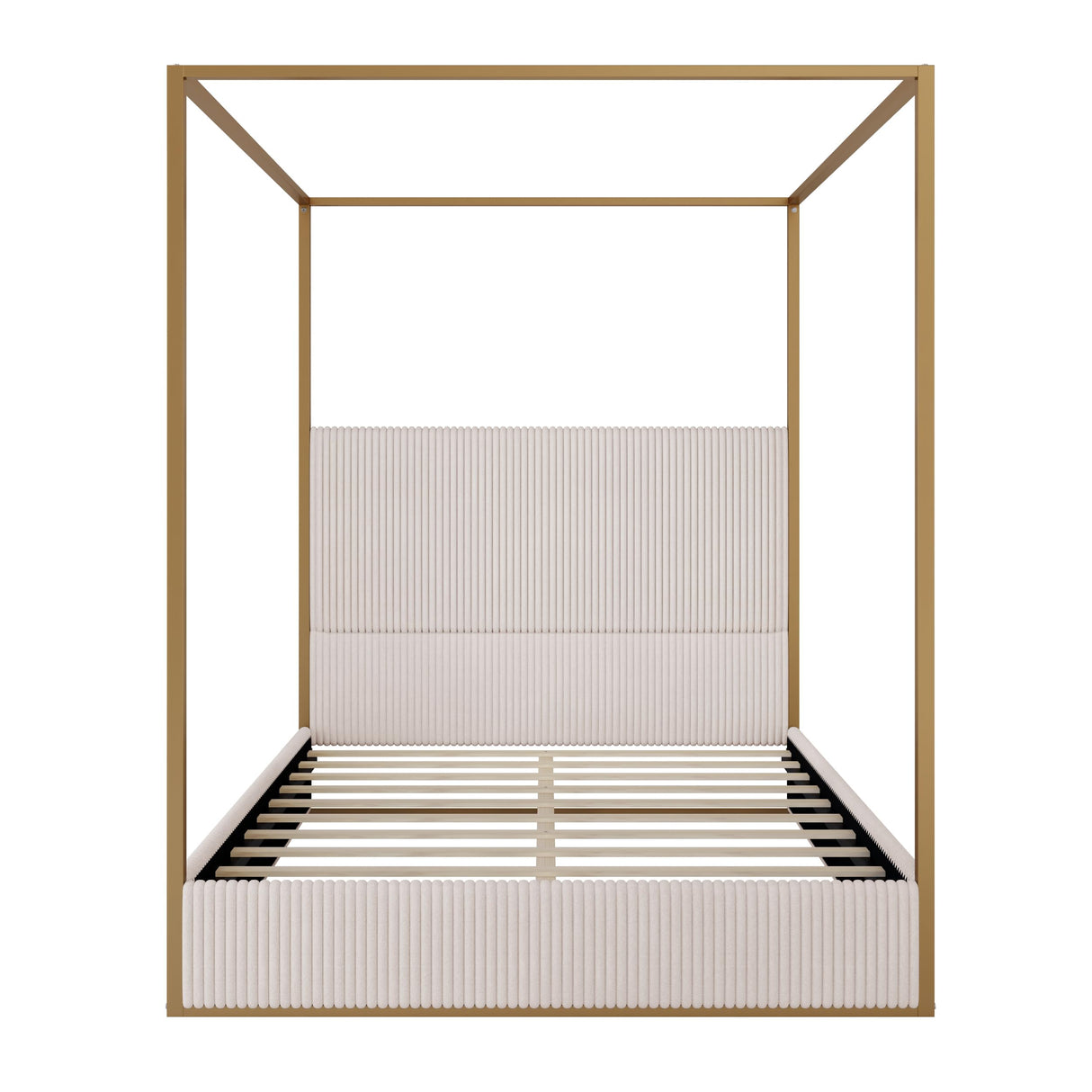 Queen Size Metal Canopy Bed with Tall Upholstered Channel Headboard and Gold 4 Poster, No Box Spring Needed (Beige+Gold, Queen) BEDGJH