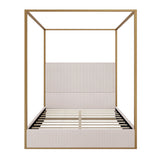 Queen Size Metal Canopy Bed with Tall Upholstered Channel Headboard and Gold 4 Poster, No Box Spring Needed (Beige+Gold, Queen) BEDGJH