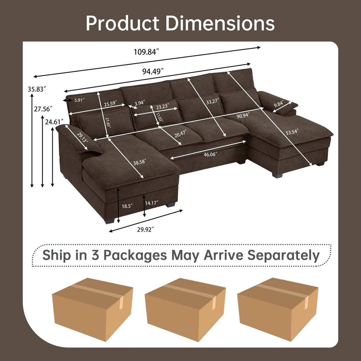 Enobala 110" Comfy Cloud Couch Sectional Sofa with Lumbar Pillows, Modern U-Shaped Cloud Sofa with Double Chaise & Deep Seat for Living Room, or Office, Easy Assembly, Dark Coffee Enobala