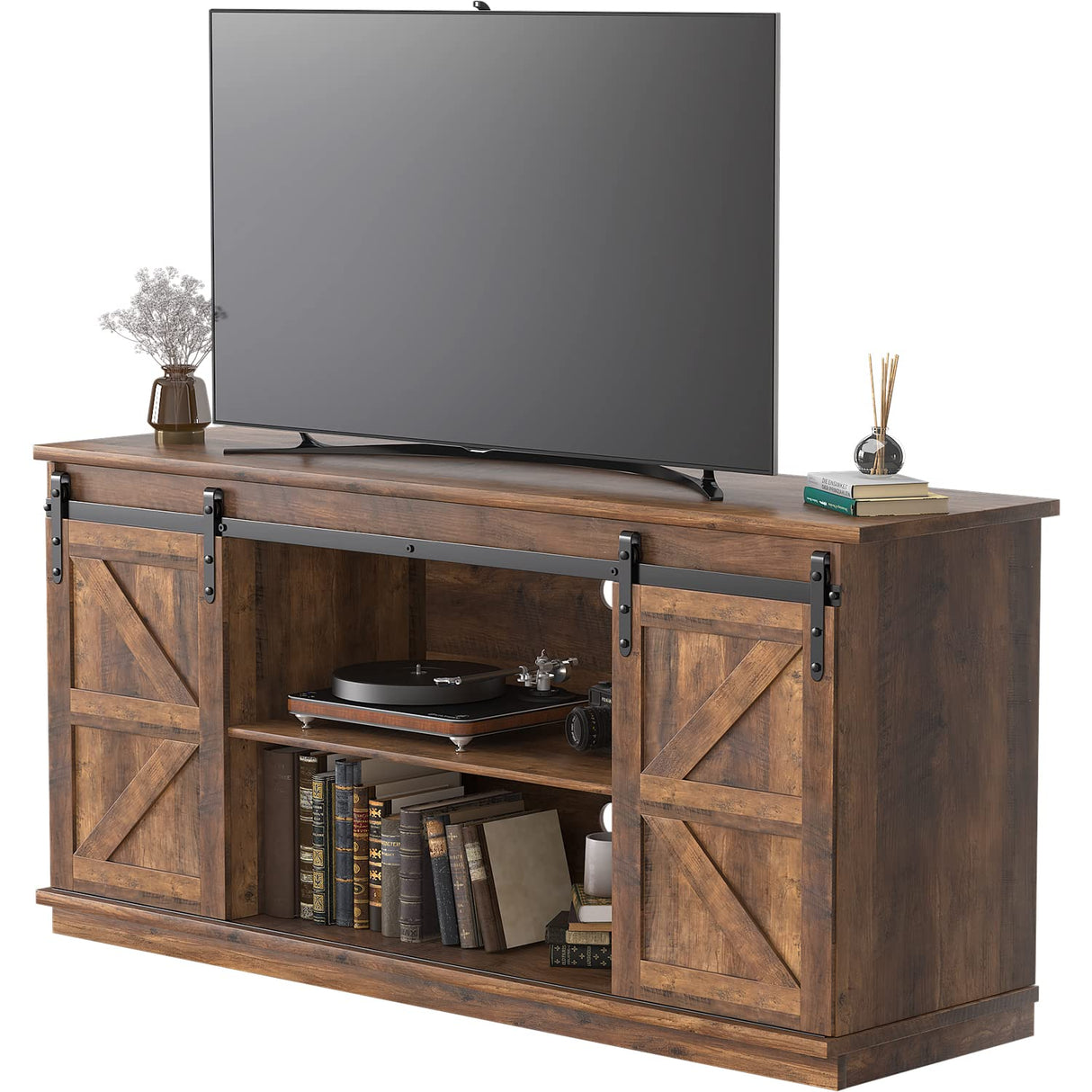 JUMMICO TV Stand for 65 Inch TV, Entertainment Center with Storage Cabinets and Sliding Barn Doors, Mid Century Modern Media TV Console Table for Living Room Bedroom (Rustic Oak) JUMMICO