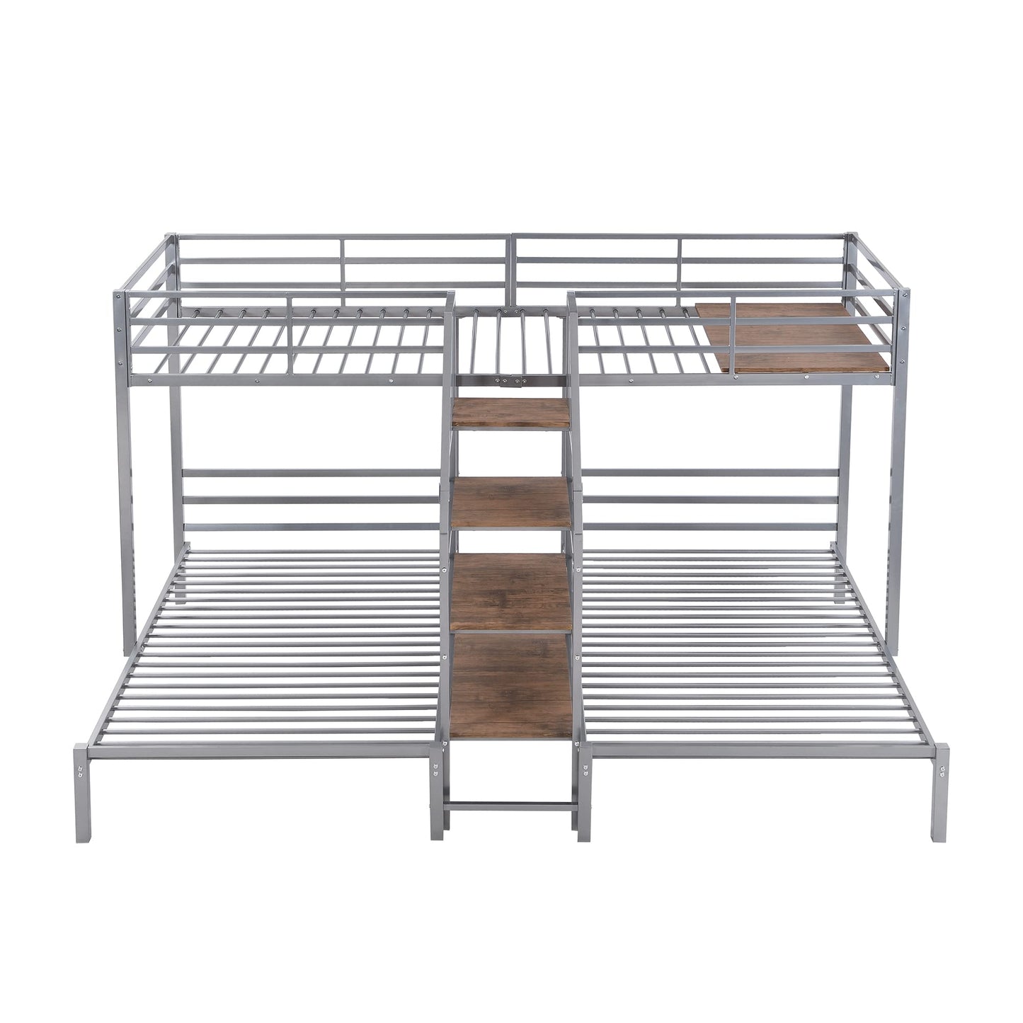 Harper & Bright Designs Metal Triple Bunk Bed with Stairs, 3 Beds Bunk Bed, Twin Over Twin & Twin Bunk Bed with Storage Shelves Staircase, for Kids Teens Adults, Silver