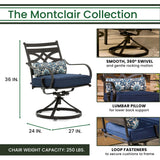 Hanover Montclair 11-Piece Outdoor Dining Set, All-Weather Outdoor Patio Dining Set, 10 Swivel Rocker Chairs with Seat and Lumbar Cushions, 84"x60" Stamped Rectangle Table, Umbrella, and Umbrella Base Hanover