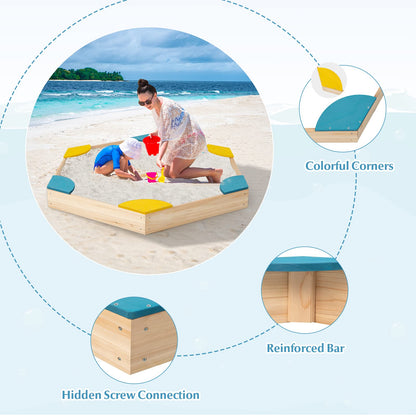 Costzon Kids Sandbox, Hexagon Large Cedar Wood Sand Pit w/ 6 Built-in Corner Seating, Wooden Sand Box for Backyard Lawn Garden Beach, Outdoor Play Furniture for Children Ages 3+ (Natural)