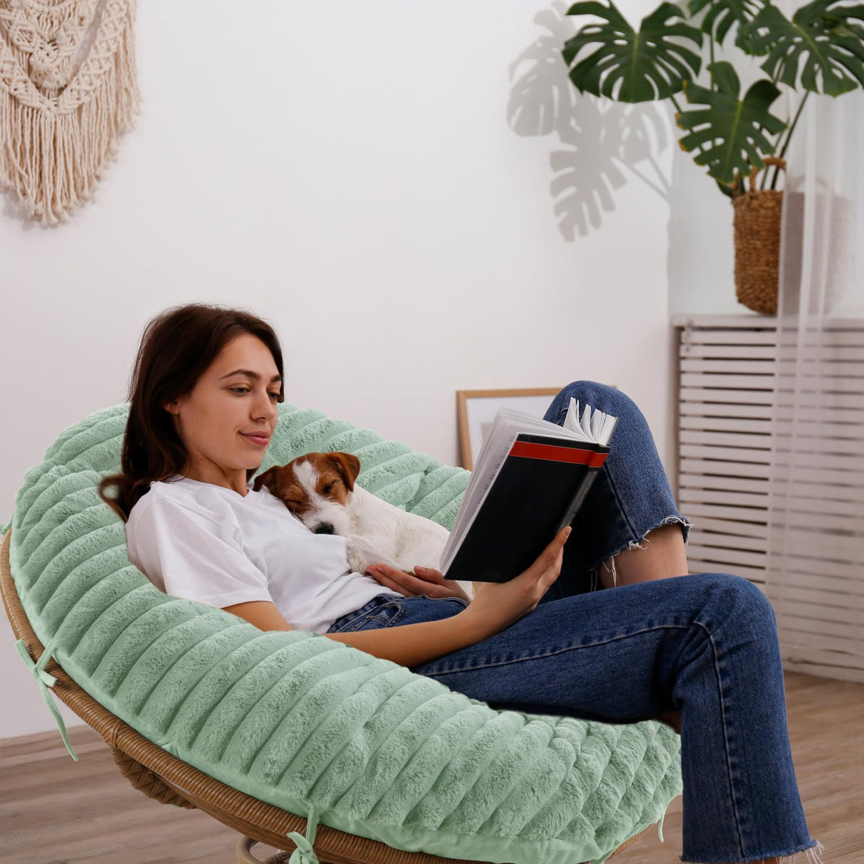 HOMBYS Fluffy Shaggy Cover for Papasan Chair Cushion, Plush Faux Fur Slipcover ONLY, (Without Cushion) Removable Soft Papasan Cushion Covers with 8 Ties, (Sage Green, 50"x50") HOMBYS