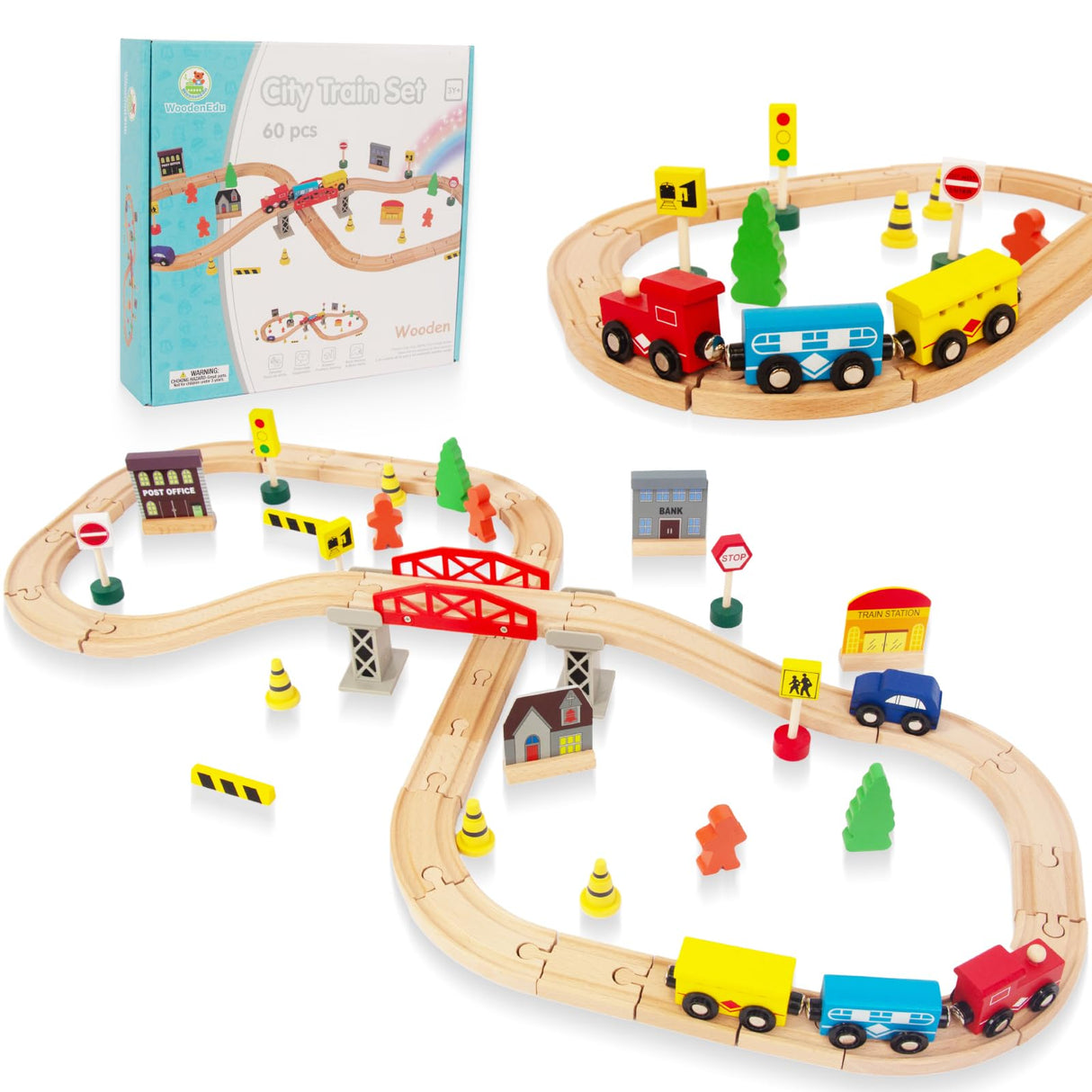 WoodenEdu 60Pcs Train Set for Toddlers, Bridge & Double-Side Wooden Train Set Tracks, Fits Brio, Thomas, Melissa and Doug, Kids Gift Toys for 3 4 5 Years Old Boys Girls WoodenEdu