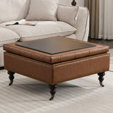 obmedin Large Square Storage Ottoman Uphlostered Tufted Button Coffee Table, Oversized Footrest Bench with Castered Rolling Wheels for Living Room, Brown Faux Leather obmedin