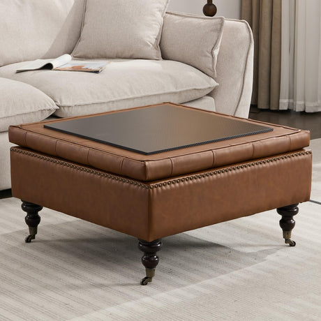 obmedin Large Square Storage Ottoman Uphlostered Tufted Button Coffee Table, Oversized Footrest Bench with Castered Rolling Wheels for Living Room, Brown Faux Leather obmedin