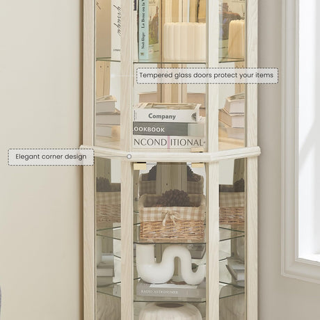 Eyisean Lighted Corner Curio Cabinet with Tempered Glass Doors and Shelves, 72" H Glass Display Cabinet with Curved Top Carving, Light Bulb Included, Rack for Liquor Storage and Living Room (White) Eyisean