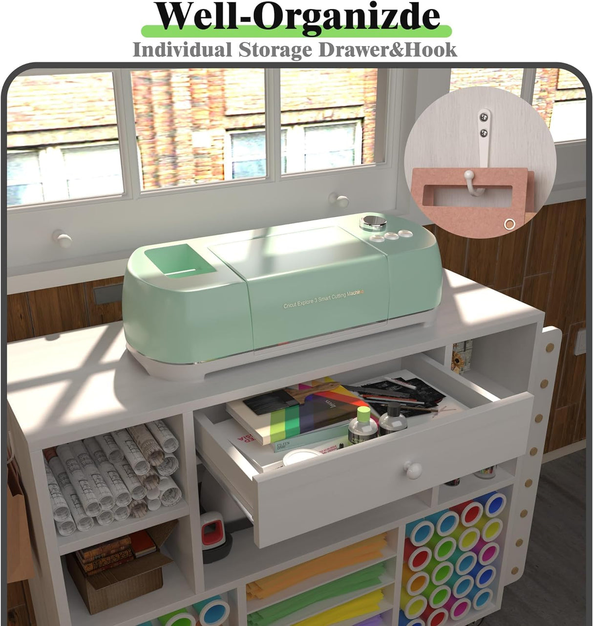 Craft organization and storage Cart Compatible with Cricut Machine, Rolling Craft Organizer With large drawer & 48 Vinyl Roll Holder, Crafting Cabinet Table Workstation for Craft Room Home CXQ