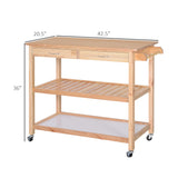 HOMCOM 42" Kitchen Trolley Cart Rolling Island, Wooden Utility Serving Cart with 2 Drawers and 3-Tier Shelf, Natural HOMCOM