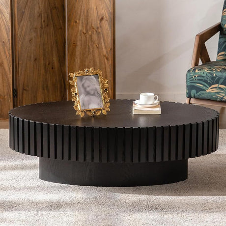 Oval Drum Coffee Table Handcraft Fluted Coffee Table Wood Round Drum Coffee Table Mid Century Modern Coffee Table Pedestal Coffee Table for Living Room Farmhouse (Black Oval) SOUWOFS