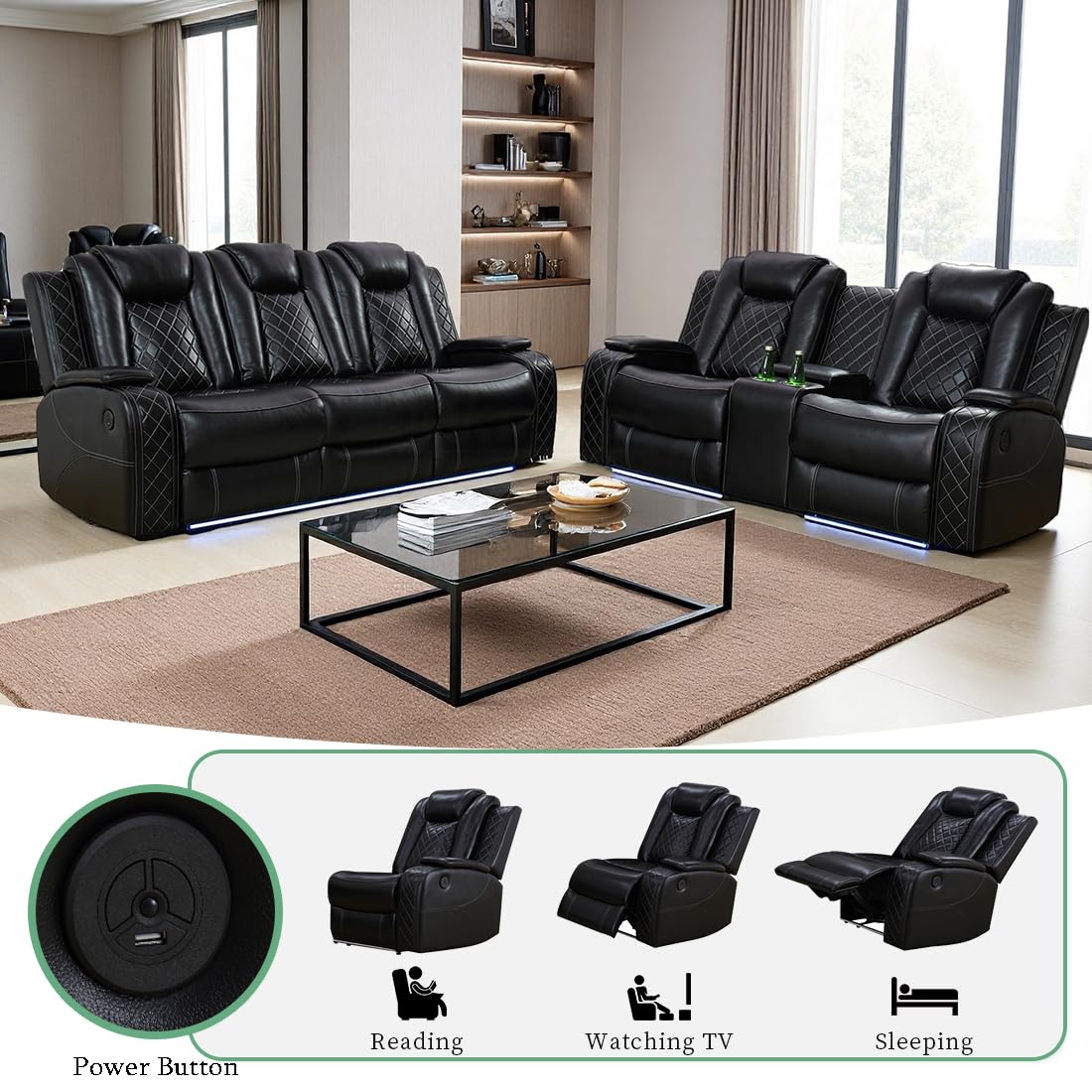 Dekmxas Mordern Breathing Leather Sofa Sets, Living Room Furniture Sets, Power Reclining Sectional Sofa, Loveseat with Cup Holders/Storage Console/LED Light for Living Room Dekmxas