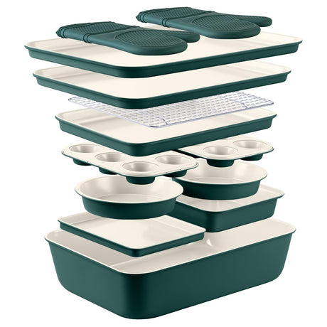 Country Kitchen Nonstick Stackable Bakeware Set - Durable, Easy Release Baking Set, Sage, 13 Pcs Country Kitchen