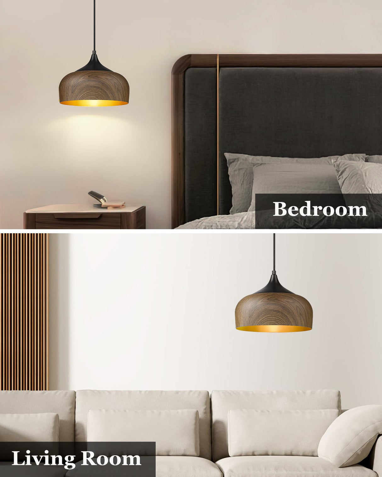 ELYONA Modern Pendant Light Walnut Wooden Pattern Dome Pendant Light Fixture Matte Black Metal Gold Inner Finish Adjustable Hanging Lighting for Kitchen Island Dining Room Office Hallway Foyer Bedroom ELYONA