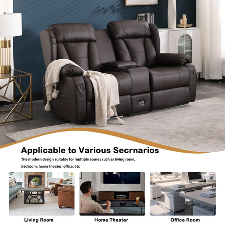 DUNELLA 66" Power Loveseat Recliner Sofa, Home Theater Seating with Console, Electric Recliner RV Sofa with USB/USB-C/Storage/Side Pocket/LED Light for Travel Trailers(Brown) DUNELLA