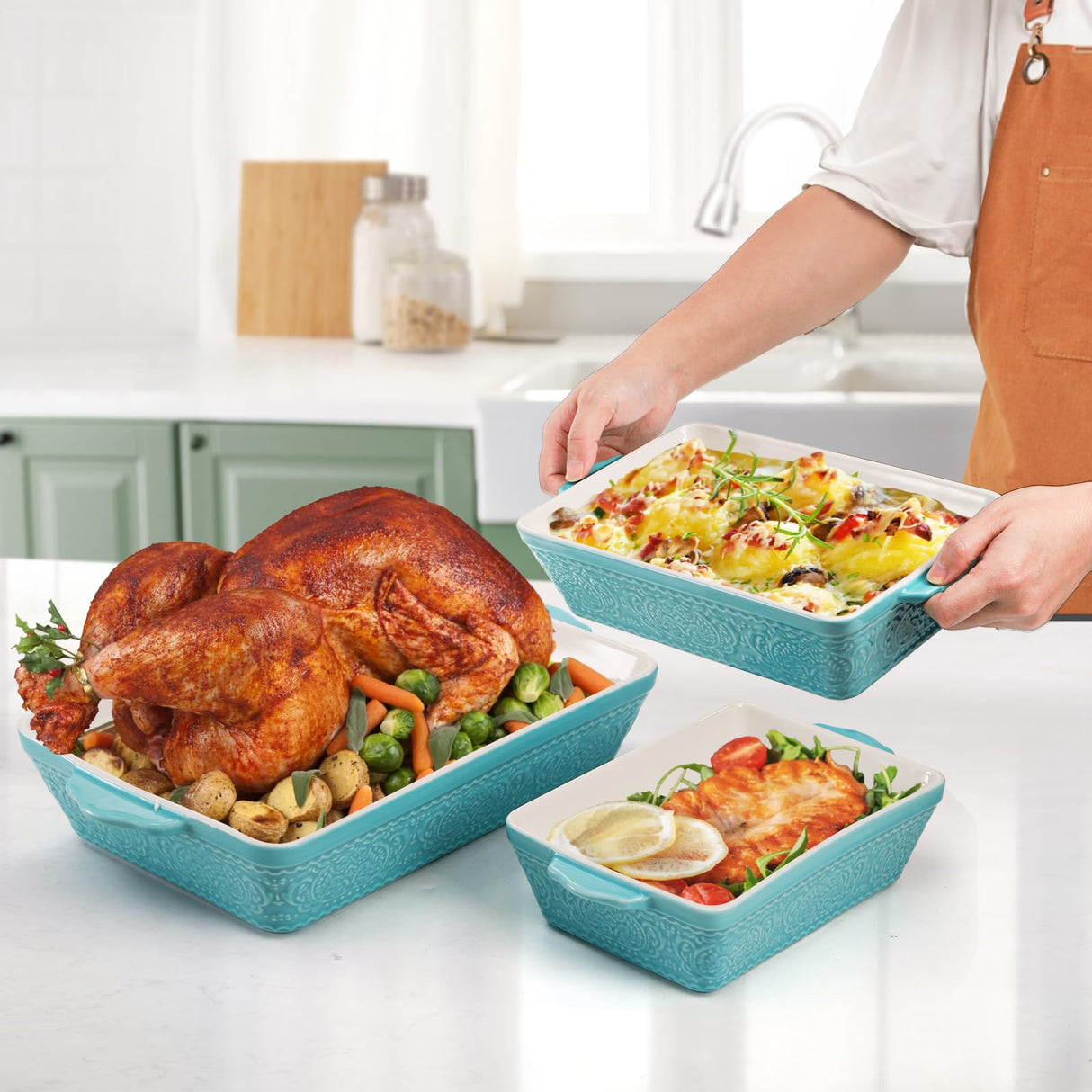 SOUJOY Set of 3 Porcelain Bakeware Set, Casserole Dishes for Oven, Rectangular Baking Dishes with Handles, Lasagna Pan for Cooking, Kitchen, Cake Dinner, Wedding Gift, Banquet and Daily Use SOUJOY