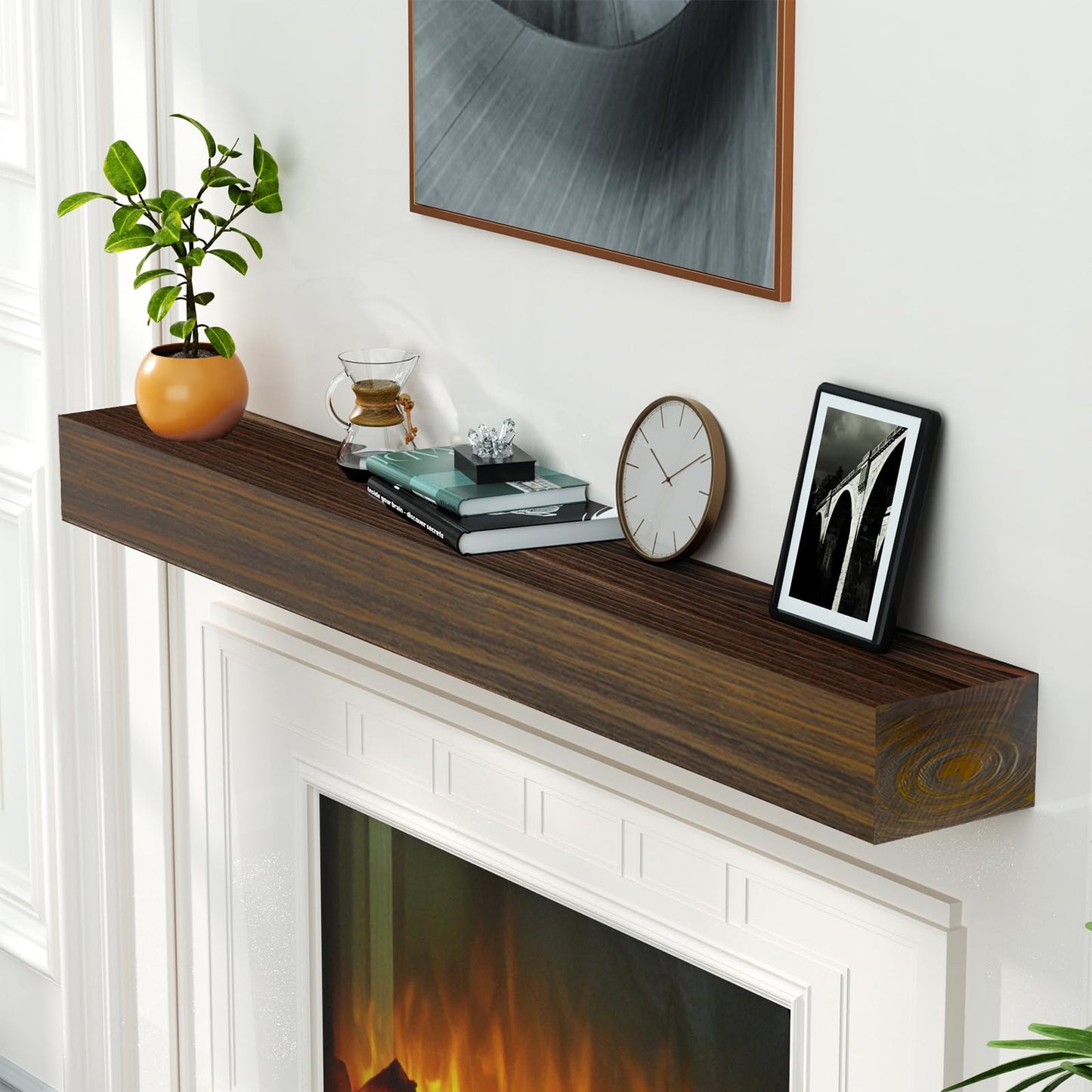 ROOMTEC Fireplace Mantel,84" Wood Floating Fireplace Shelves,Wall Mounted Wooden Display Shelving,Handcrafted Wood Brack,Natural Mantels Over Fireplace | 84" x 8" x 8"-Dark Chocolate