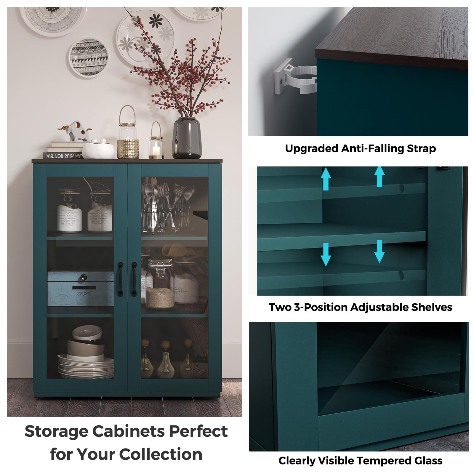 Vrullu Storage Cabinet, Green Free Standing Buffet Cabinet, Accent Kitchen Cabinet with Tempered Glass Doors, Wood Display Cabinet with Adjustable Shelf, Curio Cabinet for Living Room, Hallwa - WoodArtSupply