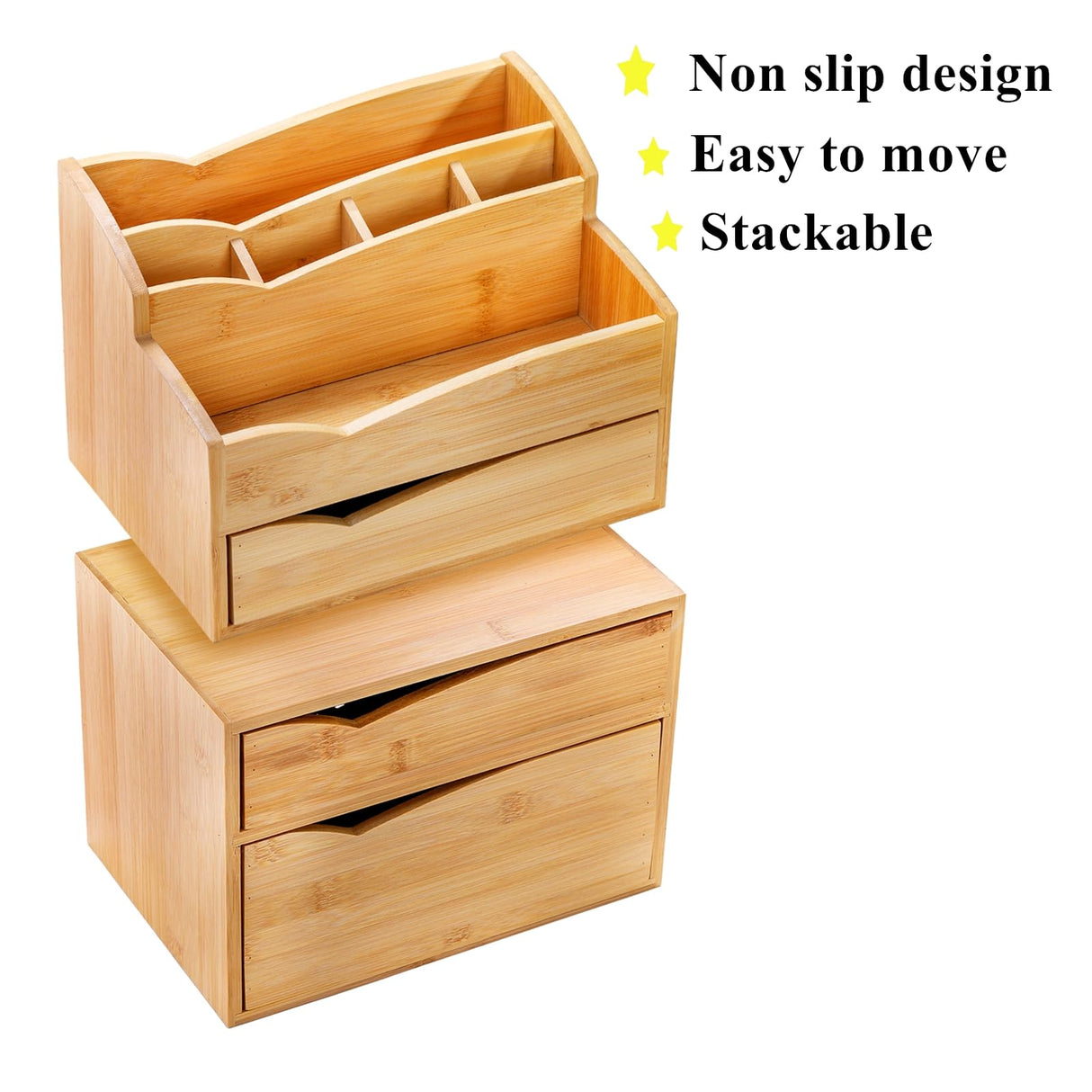 Yopay 2 Pack Bamboo Desk Organizer, Stackable Desktop Organizer with 3 Drawers, 100% Bamboo Office Tabletop, Countertop Organization for Stationery, Makeup Vanity, Fully Assembled Yopay