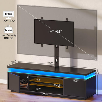 Rolanstar TV Stand with Mount & Power Outlet, 51" TV Stand Mount for 32/45/55/60/65 Inches TVs, Modern Entertainment Center with Storage Cabinet & LED Light, TV Table for Living Room, Bedroom, Black