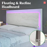 AMERLIFE Distressed White King Floating Bed Frame with LED Mood Lighting and Recline Headboard AMERLIFE