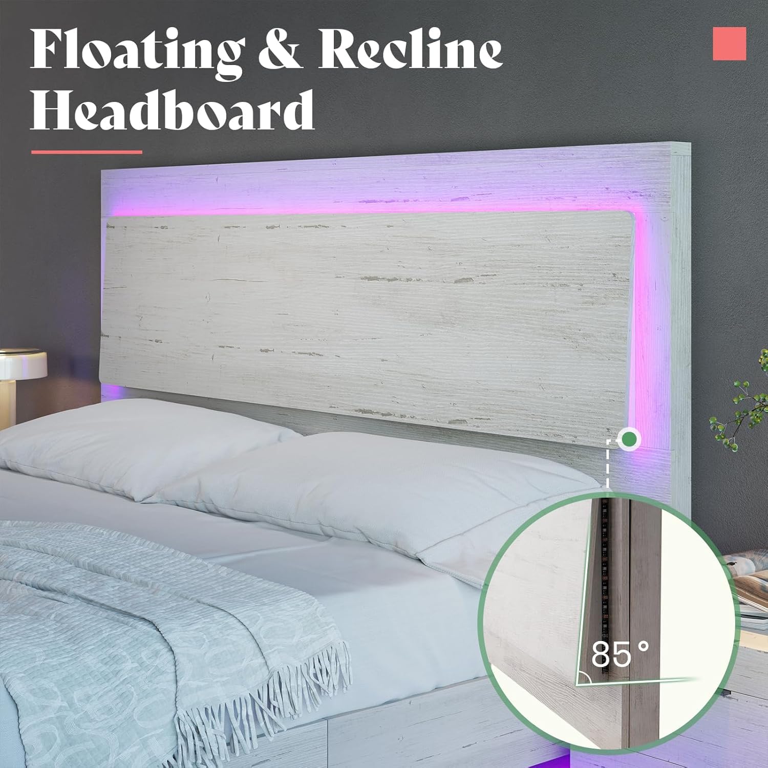 AMERLIFE Distressed White King Floating Bed Frame with LED Mood Lighting and Recline Headboard - WoodArtSupply