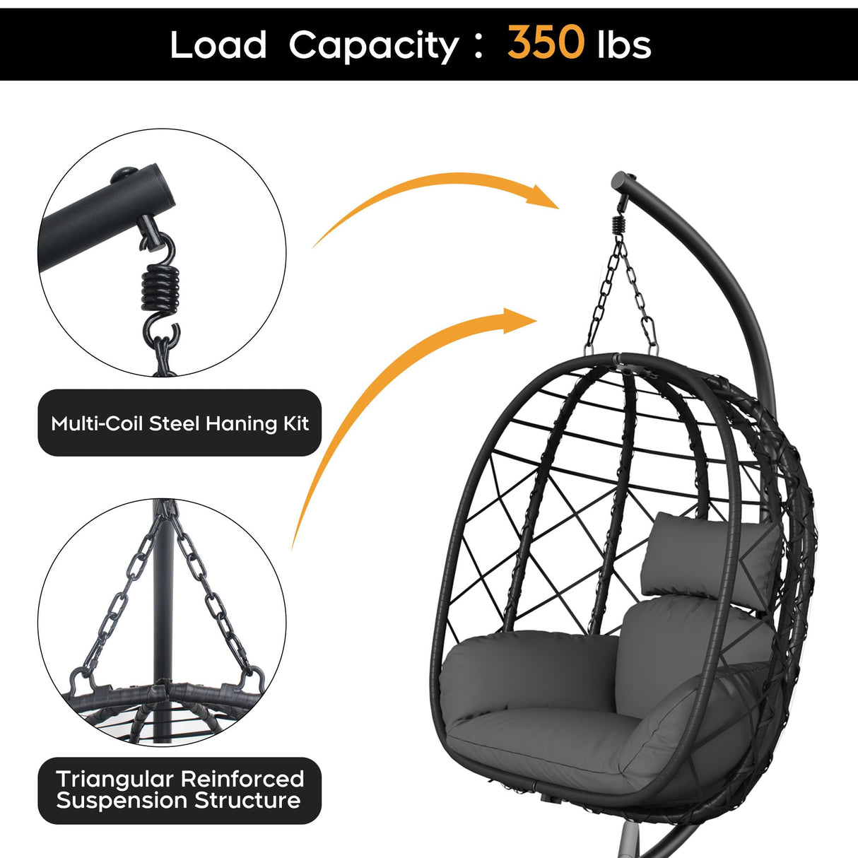 TerraVoy Hanging Egg Chair with Stand, Outdoor Swing Egg Chair, 350 LBS Capacity All-Weather PE Wicker Swing Chair with Waterproof Cushions TerraVoy