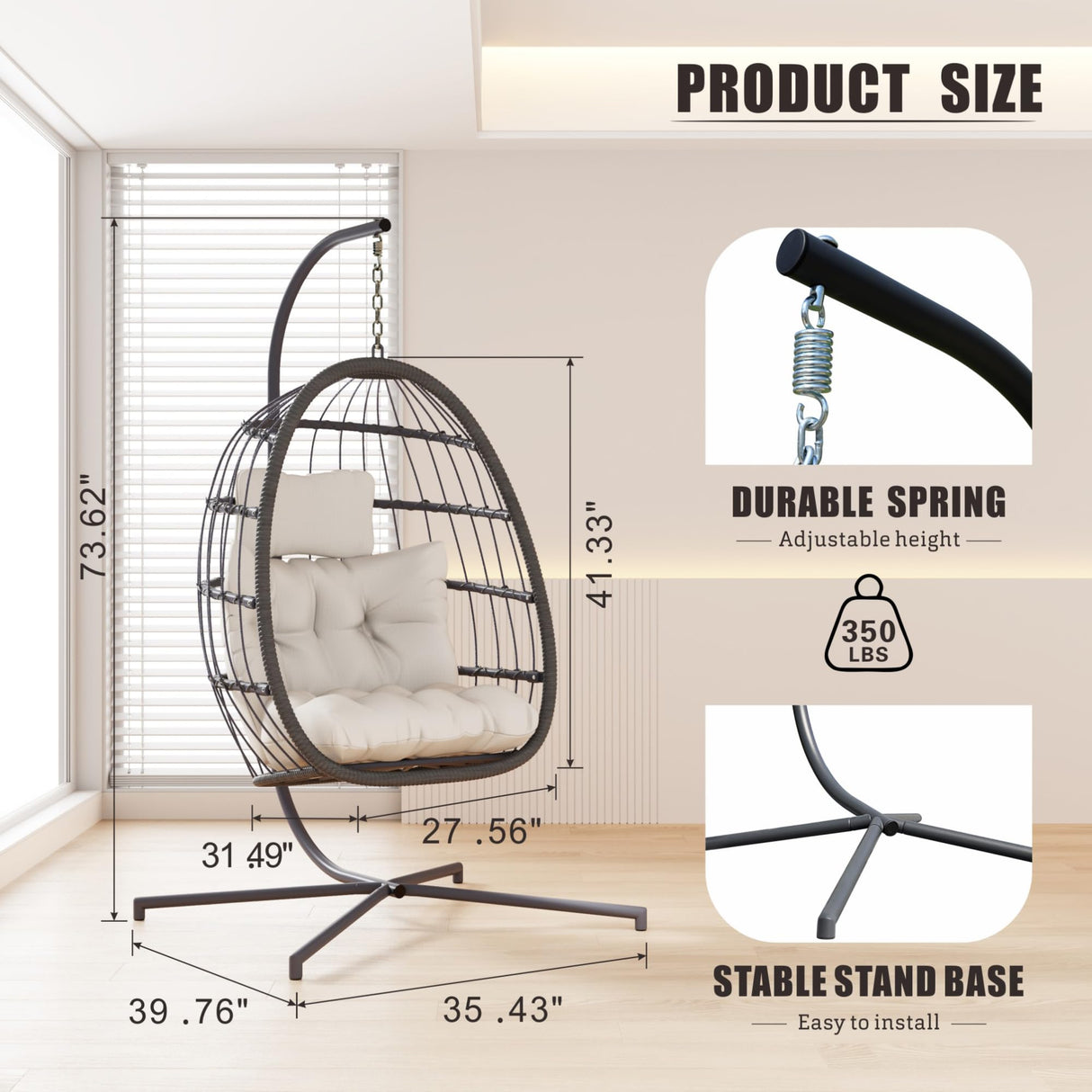 HWB Hanging Egg Chair with Stand, Patio Wicker Egg Swing Chair with Cushion for Bedroom Garden Indoor Outdoor (Beige) HWB