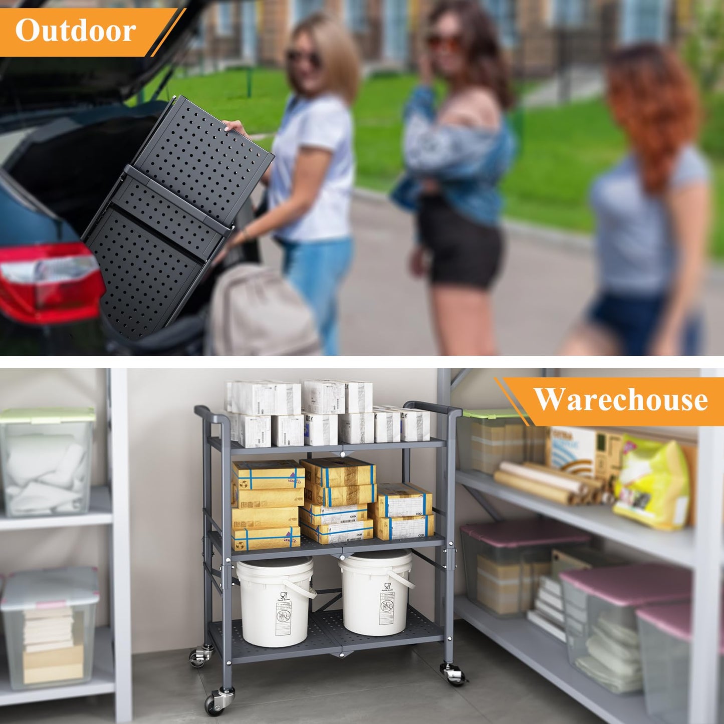 3 Tier Rolling Utility Foldable Cart - Metal Folding Cart with Wheels, Collapsible Service Cart Storage Shelf Rack for Kitchen Office Garage Plant Outdoor cart, Gray