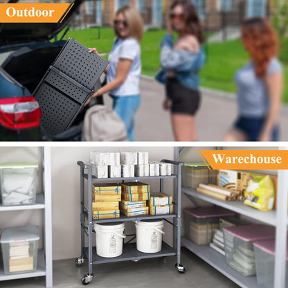 3 Tier Rolling Utility Foldable Cart - Metal Folding Cart with Wheels, Collapsible Service Cart Storage Shelf Rack for Kitchen Office Garage Plant Outdoor cart, Gray