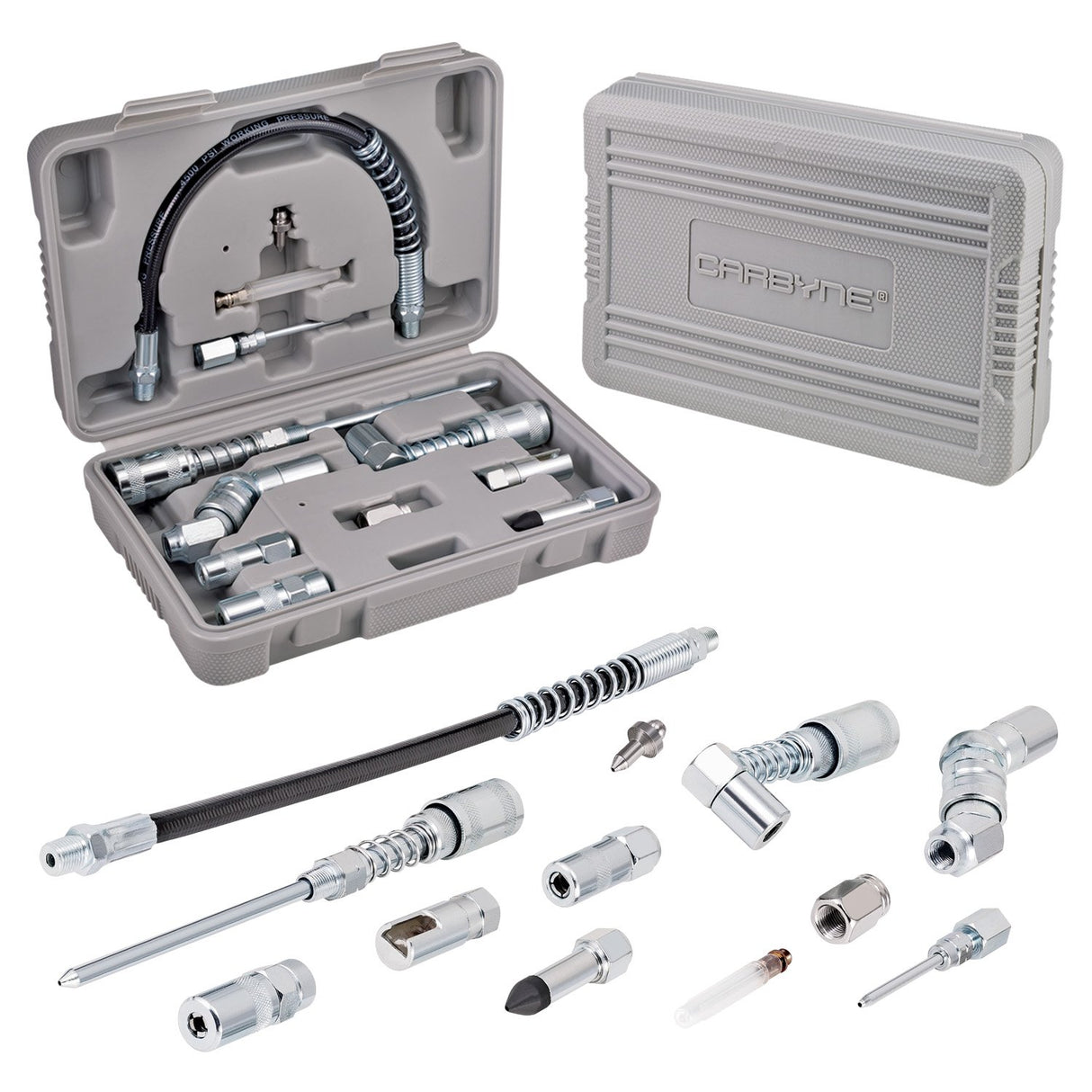Carbyne 12 Piece Grease Gun Accessory Set | All-in-One Set: Couplers, Nozzles, Adapters and Flex Hose with Durable Storage Case • from a Family-Run Tool Company Based in The U.S.A. Carbyne