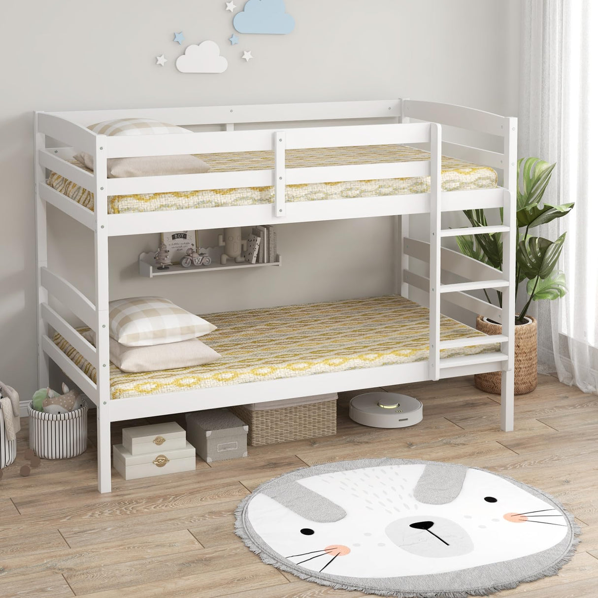 Giantex Bunk Bed Twin Over Twin, Solid Wood Detachable Bed Frame with High Guardrails & Integrated Ladder, Wooden Slatted Bunk Bed for Kids & Teens, No Box Spring Needed, White Giantex